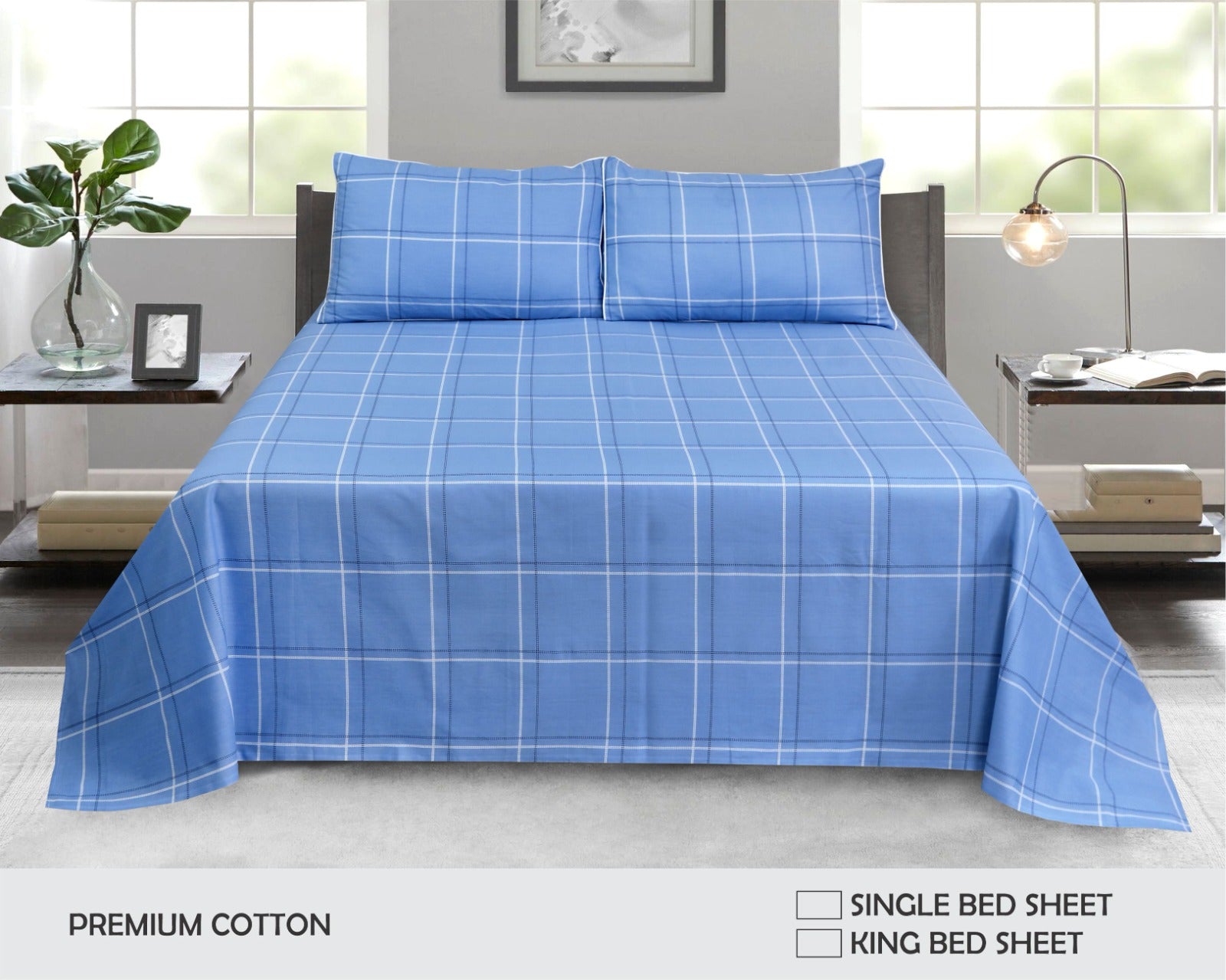 Blue Plaid Premium Cotton King Size Bed Sheet Set