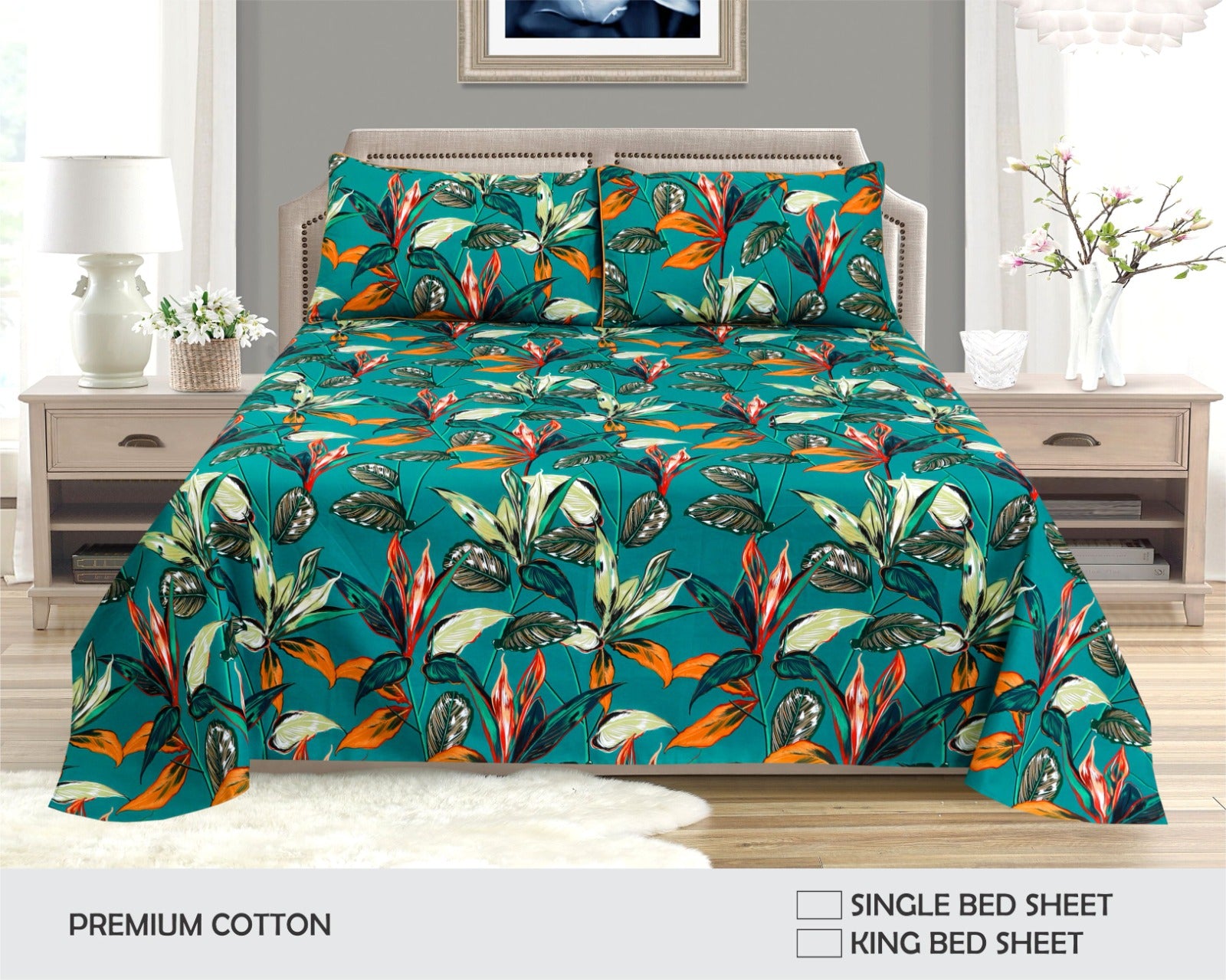 Teal Tropical Leaf Premium Cotton King Size Bed Sheet Set