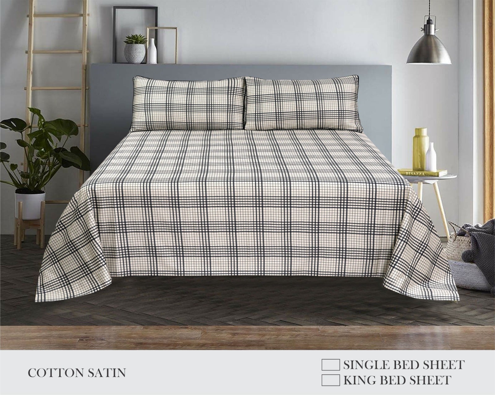 Plaid Pattern Cotton Satin King Size Bed Sheet Set